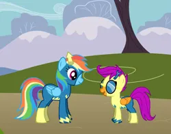 Size: 830x650 | Tagged: safe, artist:rogueheart101, derpibooru import, rainbow dash, scootaloo, pony, g4, clothes, duo, duo female, female, filly, flight suit, foal, goggles, image, jpeg, mare, uniform, wonderbolts uniform