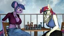 Size: 3840x2160 | Tagged: suggestive, artist:anonymous, moondancer, twilight sparkle, 3d, belly button, big breasts, bra, breasts, bun hairstyle, busty moondancer, busty twilight sparkle, chair, chess, chess piece, chessboard, clothes, cloud, ear piercing, earring, glasses, image, jeans, jewelry, jpeg, midriff, necklace, pants, pearl necklace, piercing, round glasses, sitting, sky, source filmmaker, thinking, underwear