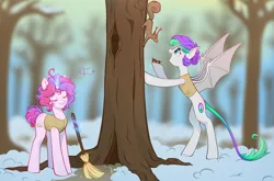 Size: 4477x2961 | Tagged: safe, artist:melodylibris, derpibooru import, oc, oc:lony, oc:melody (melodylibris), unofficial characters only, bat pony, pony, squirrel, unicorn, acorn, bat pony oc, bat wings, bipedal, bipedal leaning, broom, duo, duo female, eyes closed, female, glow, glowing horn, high res, horn, image, leaning, leonine tail, magic, mare, music notes, open mouth, open smile, png, smiling, snow, spread wings, tail, telekinesis, tree, wings