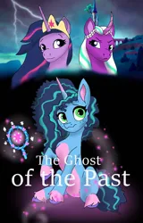 Size: 512x800 | Tagged: safe, artist:bluestar386, derpibooru import, twilight sparkle, twilight sparkle (alicorn), alicorn, pony, unicorn, comic:ghost of the past, g4, g5, my little pony: make your mark, caption, comic, comic cover, cover, cover art, female, horn, image, mare, mirror, misty brightdawn, older, older twilight, older twilight sparkle (alicorn), opaline arcana, opaline's dark castle, png, text, trio, trio female