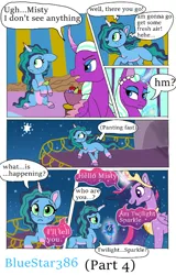 Size: 512x800 | Tagged: safe, artist:bluestar386, derpibooru import, twilight sparkle, twilight sparkle (alicorn), alicorn, pony, unicorn, comic:ghost of the past, g4, g5, balcony, comic, dialogue, female, horn, image, mare, misty brightdawn, night, night sky, older, older twilight, older twilight sparkle (alicorn), opaline arcana, opaline's dark castle, png, sky, trio, trio female