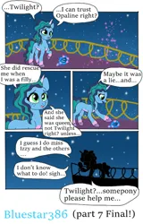 Size: 512x800 | Tagged: safe, artist:bluestar386, derpibooru import, pony, unicorn, comic:ghost of the past, g5, balcony, comic, dialogue, female, horn, image, implied izzy moonbow, mare, misty brightdawn, night, night sky, png, sky, solo