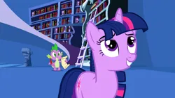 Size: 1920x1080 | Tagged: safe, derpibooru import, screencap, spike, twilight sparkle, dragon, pony, unicorn, friendship is magic, g4, bookshelf, feather, horn, image, ladder, letter, male, my little pony, paper, parchment, png, quill, twilight's canterlot home, unicorn twilight