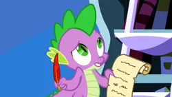 Size: 1920x1080 | Tagged: safe, derpibooru import, screencap, spike, dragon, friendship is magic, g4, bookshelf, feather, image, ladder, letter, male, my little pony, paper, parchment, png, quill, solo, twilight's canterlot home