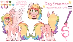 Size: 1481x847 | Tagged: safe, artist:wanderingpegasus, derpibooru import, oc, oc:daydreamer, unofficial characters only, pegasus, pony, female, image, jpeg, mare, obtrusive watermark, pronouns, reference sheet, simple background, solo, watermark, white background