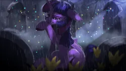 Size: 1920x1080 | Tagged: safe, artist:hierozaki, derpibooru import, twilight sparkle, twilight sparkle (alicorn), alicorn, pony, g4, commission, crying, crying in the rain, female, floppy ears, gravestone, image, immortality blues, mare, png, solo