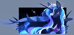 Size: 2776x1327 | Tagged: safe, artist:taigataigi, derpibooru import, princess luna, alicorn, pony, g4, beautiful, blue mane, blue tail, bust, colored pupils, commission, crown, digital art, ethereal mane, feather, female, flower, flowing mane, flowing tail, gem, grass, high res, horn, image, jewelry, large wings, lidded eyes, looking at you, majestic, mare, night, peytral, png, portrait, regalia, solo, sparkles, spread wings, starry mane, starry tail, stars, tail, wings