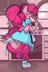 Size: 2000x3000 | Tagged: suggestive, artist:yellowcyann, derpibooru import, pinkie pie, anthro, earth pony, plantigrade anthro, pony, g4, alternate hairstyle, apron, bow, breasts, busty pinkie pie, clothes, dress, eyes closed, eyeshadow, female, high res, image, makeup, mare, music notes, open mouth, open smile, png, ponytail, roller skates, server pinkie pie, sideboob, skates, smiling, solo, solo female, standing, standing on one leg, wooden spoon