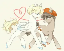 Size: 4096x3275 | Tagged: safe, artist:honeycombey, derpibooru import, ponified, earth pony, pegasus, pony, duo, eyebrows, eyebrows visible through hair, gay, hat, heart, hueningkai, image, jpeg, k-pop, looking at each other, looking at someone, male, shipping, stallion, taehyun, txt