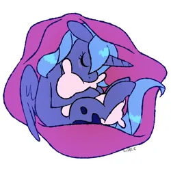 Size: 3000x3000 | Tagged: dead source, safe, artist:kilo, derpibooru import, princess luna, alicorn, pony, g4, blanket, blush lines, blushing, curled up, cute, eyes closed, feathered wings, female, filly, floppy ears, full body, horn, hug, image, jpeg, lunabetes, lying down, mare, pillow, pillow hug, s1 luna, side, side view, signature, simple background, sleeping, solo, white background, wings, woona, younger