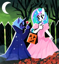 Size: 1434x1562 | Tagged: safe, derpibooru import, princess celestia, princess luna, alicorn, anthro, plantigrade anthro, g4, :d, autumn leaves, backlighting, bag, bare tree, blush sticker, blushing, candy, candy bag, closed mouth, clothes, crescent moon, dress, eyebrows, female, fence, food, full body, green sky, halloween, holding, holiday, horn, image, leaf, leaves, lineless, lollipop, long dress, long sleeves, looking at each other, looking at someone, looking sideways, maple leaf, moon, night, night sky, off shoulder, open mouth, open smile, outdoors, pink dress, png, raised arm, raised eyebrow, raised hand, royal sisters, s1 luna, short mane, short sleeves, siblings, side view, sisters, sky, smiling, smiling at each other, sparkles, sparkly mane, tree, trick or treat, wingless, wingless alicorn, wingless anthro