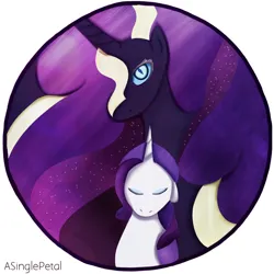 Size: 1024x1024 | Tagged: safe, artist:asinglepetal, derpibooru import, idw, nightmare rarity, rarity, pony, unicorn, g4, darkened coat, ethereal hair, eyes closed, eyeshadow, female, horn, image, jpeg, makeup, mare, moon, nightmarified, redraw, solo, space, tumblr:ask nightmare rarity, watermark, wavy hair, white stripe, white stripes