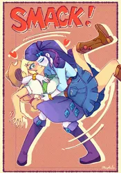 Size: 2800x4000 | Tagged: safe, artist:acupkafro, derpibooru import, applejack, rarity, human, equestria girls, g4, archie comics, blushing, duo, duo female, emanata, female, floating heart, heart, high res, holding, image, jpeg, kiss on the lips, kissing, lesbian, onomatopoeia, passepartout, rarijack, shipping, signature, surprise kiss