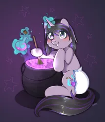 Size: 2067x2406 | Tagged: safe, artist:vaiola, derpibooru import, oc, oc:ivy, unofficial characters only, pony, unicorn, blushing, cauldron, commission, cute, diaper, female, full body, happy, horn, image, looking at you, magic, mare, non-baby in diaper, png, poofy diaper, simple background, sitting, solo