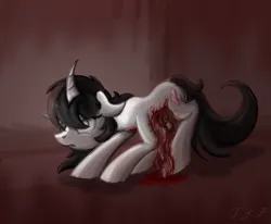 Size: 911x750 | Tagged: grimdark, artist:taoyvfei, derpibooru import, oc, oc:taoyvfei, unofficial characters only, pony, unicorn, blood, crying, curved horn, horn, image, intestines, organs, png, solo, teary eyes, unicorn oc