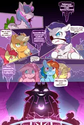 Size: 960x1440 | Tagged: safe, artist:cold-blooded-twilight, derpibooru import, edit, apple bloom, applejack, fluttershy, nightmare moon, pinkie pie, rainbow dash, rarity, spike, sweetie belle, twilight sparkle, alicorn, dragon, earth pony, pegasus, pony, unicorn, cold blooded twilight, comic:cold storm (ru), friendship is magic, g4, ..., alternate design, alternate hairstyle, apple bloom's bow, bow, braid, comic, cyrillic, dialogue, eyepatch, eyes closed, eyeshadow, female, filly, floppy ears, flower, flower in hair, foal, glow, glowing eyes, grin, hair bow, horn, image, looking down, makeup, mane six, mare, my little pony, pinkamena diane pie, png, russian, scared, siblings, silhouette, sisters, slit pupils, smiling, speech bubble, sweat, thought bubble, translation, translator:agent00k0t, unicorn twilight