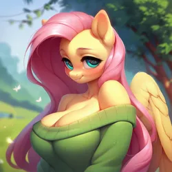 Size: 1024x1024 | Tagged: safe, machine learning generated, prompter:mcford, fluttershy, anthro, g4, big breasts, blushing, breasts, busty fluttershy, clothes, cute, female, generator:pony diffusion v6 xl, generator:purplesmart.ai, image, off shoulder, outdoors, png, prompt in description, solo, sweater, sweatershy