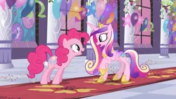 Size: 1920x1080 | Tagged: safe, ponerpics import, screencap, pinkie pie, princess cadance, queen chrysalis, pony, a canterlot wedding, balloon, canterlot wedding fiasco, cutie mark, duo, fake cadance, female, image, mare, mirror, png, rug, solo