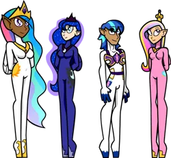 Size: 900x832 | Tagged: safe, artist:shennanigma, derpibooru import, princess cadance, princess celestia, princess luna, shining armor, human, g4, blackwashing, bodysuit, clothes, female, group, humanized, image, male, png, quartet, royal sisters, ship:shiningcadance, shipping, siblings, simple background, sisters, skintight clothes, straight, transparent background