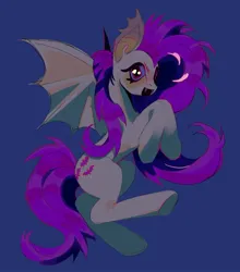 Size: 1620x1837 | Tagged: safe, artist:heartrut, derpibooru import, fluttershy, bat pony, pony, g4, bat ponified, blue background, female, flutterbat, full body, image, jpeg, mare, open mouth, open smile, race swap, simple background, smiling, solo