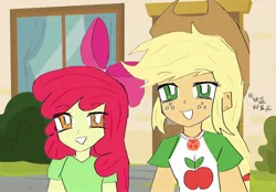 Size: 1780x1240 | Tagged: safe, artist:效益效益高, derpibooru import, apple bloom, applejack, human, equestria girls, g4, apple sisters, bow, clothes, duo, duo female, female, grin, hair bow, hat, image, jpeg, looking at you, outdoors, shirt, short sleeves, siblings, signature, sisters, smiling, text