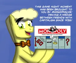 Size: 600x500 | Tagged: safe, artist:mod wit, derpibooru import, oc, oc:bananas wit, ponified, pony, advertising, askbananaswit, blue background, board game, box, capitalism, game, hasbro, hoof hold, image, looking at you, monopoly, parker brothers, png, rich uncle pennybags, simple background, smiling, smiling at you, sponsor, sponsors, sponsorship