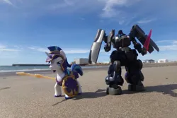 Size: 1095x730 | Tagged: safe, artist:dingopatagonico, derpibooru import, shining armor, unicorn, g4, beach, dilanza sol mobile suit, guardians of harmony, gundam, horn, image, jpeg, photo, toy