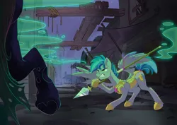 Size: 3508x2480 | Tagged: safe, artist:tony-retro, derpibooru import, queen chrysalis, oc, oc:silver sky, changeling, pegasus, pony, g4, armor, armored pony, female, image, injured, jpeg, magic, male, royal guard, spear, stallion, weapon
