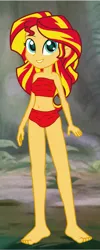 Size: 591x1472 | Tagged: safe, artist:remifan, derpibooru import, sunset shimmer, human, equestria girls, g4, barefoot, bra, clothes, cute, feet, female, forest, grin, image, jungle, nature, png, shimmerbetes, smiling, solo, tree, underwear