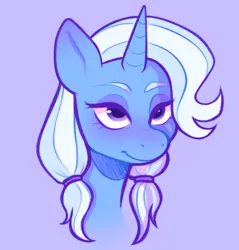 Size: 1762x1843 | Tagged: safe, artist:eadekki, derpibooru import, trixie, pony, unicorn, g4, alternate hairstyle, blue background, blush lines, blushing, bust, closed mouth, colored eyebrows, eyebrows, female, hatching (technique), horn, image, lidded eyes, looking at you, mare, nose blush, pigtails, png, portrait, requested art, simple background, smiling, smiling at you, solo