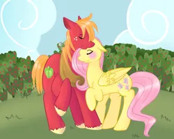 Size: 900x720 | Tagged: artist needed, safe, derpibooru import, big macintosh, fluttershy, earth pony, pegasus, pony, g4, apple, apple tree, big macintosh's yoke, duo, duo male and female, eyes closed, female, fluttermac, food, height difference, horse collar, image, male, mare, neck nuzzle, nuzzling, outdoors, png, raised hoof, shipping, stallion, straight, sweet apple acres, tree, unshorn fetlocks