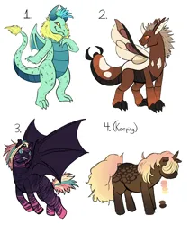 Size: 7064x8376 | Tagged: safe, artist:bink5bink5, oc, unnamed oc, unofficial characters only, bat pony, changedling, changeling, dragon, pony, unicorn, adoptable, bat pony oc, bat wings, blank flank, changedling oc, changeling oc, dragon oc, dragoness, female, folded wings, horn, image, male, mare, png, simple background, spread wings, tail, unicorn oc, white background, wings
