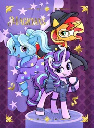 Size: 748x1024 | Tagged: safe, artist:brella, derpibooru import, masquerade, starlight glimmer, sunset shimmer, trixie, pony, unicorn, g4, alternate hairstyle, babysitter trixie, clothes, edgelight glimmer, fedora, female, gameloft, gameloft interpretation, hat, hoodie, horn, image, jpeg, mask, my little pony: magic princess, patterned background