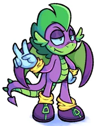 Size: 461x561 | Tagged: safe, artist:kreeeeeez, derpibooru import, spike, anthro, dragon, g4, clothes, gloves, image, mobian, peace sign, png, shoes, simple background, smiling, solo, sonic the hedgehog (series), sonicified, species swap, tail, white background, winged spike, wings