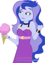 Size: 1787x2520 | Tagged: safe, derpibooru import, edit, edited screencap, editor:mrtoonlover83, screencap, princess luna, human, equestria girls, equestria girls series, g4, the road less scheduled, the road less scheduled: celestia, spoiler:eqg series (season 2), background removed, bare shoulders, belt, clothes, dress, eyebrows, eyeshadow, grin, ice cream cone, image, lipstick, makeup, my little pony equestria girls: choose your own ending, png, pointing, raised eyebrow, simple background, sleeveless, sleeveless dress, smiling, smirk, solo, transparent background, vice principal luna, wristband