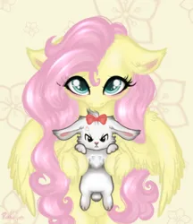 Size: 2448x2839 | Tagged: safe, artist:wendysparkle1, derpibooru import, angel bunny, fluttershy, pegasus, pony, rabbit, g4, animal, cute, eyelashes, flower, image, png, shy, simple background, solo, tape, wings