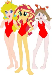 Size: 411x594 | Tagged: safe, artist:sturk-fontaine, derpibooru import, sunset shimmer, fairy, human, equestria girls, g4, base used, clothes, crossover, disney fairies, image, lifeguard, may (pokémon), png, pokémon, princess peach, silvermist, simple background, size difference, super mario, super mario bros., swimsuit, white background