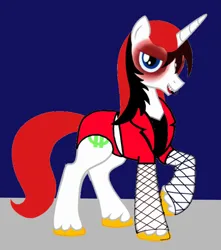 Size: 1290x1460 | Tagged: safe, alternate version, artist:kingofmlp, derpibooru import, oc, oc:lmoney, unofficial characters only, pony, unicorn, series:my little scene star, g4, clothes, fishnet clothing, fishnets, heavy makeup, horn, image, jpeg, makeup, outdoors, performance, performer, punk, singer, socks, solo, stage, stockings, thigh highs