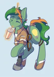 Size: 1423x2048 | Tagged: safe, artist:mscolorsplash, derpibooru import, oc, unofficial characters only, pony, unicorn, amputee, clothes, drink, drinking, eyes closed, glow, glowing horn, goggles, horn, image, jpeg, light blue background, male, prosthetic leg, prosthetic limb, prosthetics, simple background, smiling, solo, stallion, uniform
