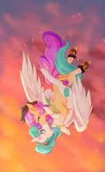 Size: 3000x4900 | Tagged: safe, artist:wormino, derpibooru import, oc, oc:lucid mirage, oc:quickdraw, bandana, blushing, boots, clothes, coat markings, commissioner:dhs, couple, cowboy boots, cowboy hat, eyes closed, falling, feather, fluffy, freckles, hairband, handkerchief, hat, hoof ring, image, kissing, png, ponytail, shoes, simple background, sky, socks (coat marking), spurs, sunset, surprised