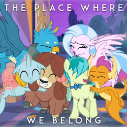 Size: 3000x3000 | Tagged: safe, artist:faulty, derpibooru import, edit, edited screencap, screencap, gallus, ocellus, sandbar, silverstream, smolder, yona, changedling, changeling, classical hippogriff, dragon, earth pony, gryphon, hippogriff, pony, yak, g4, she's all yak, 2019, animated, electronic, house (music), image, lossless transcode, music, my little pony, progressive house, remix, show tune remix, sound, sound only, student six, the place where we belong, vocal samples, vocals, webm