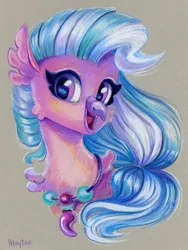 Size: 904x1200 | Tagged: safe, artist:maytee, derpibooru import, silverstream, classical hippogriff, hippogriff, g4, bust, colored pencil drawing, cute, diastreamies, image, png, portrait, smiling, solo, traditional art