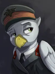 Size: 676x910 | Tagged: safe, artist:kam, derpibooru import, oc, oc:gietro gadoglio, gryphon, equestria at war mod, bust, cap, clothes, dark background, general, griffon oc, hat, image, looking offscreen, military uniform, necktie, png, portrait, solo, uniform, wings