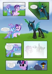 Size: 4241x5999 | Tagged: safe, artist:agreylongma, derpibooru import, queen chrysalis, starlight glimmer, trixie, changeling, changeling queen, pony, unicorn, g4, cape, clothes, explosion, female, glow, glowing horn, hat, horn, image, magic, mare, nuclear explosion, outdoors, png, trixie's cape, trixie's hat