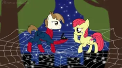 Size: 4800x2700 | Tagged: safe, artist:phantomshadow051, derpibooru import, apple bloom, featherweight, earth pony, pegasus, pony, g4, clothes, crossover, digital art, duo, duo male and female, female, image, jewelry, male, manehattan, marriage proposal, marvel, mary jane watson, night, older, older apple bloom, older featherweight, peter parker, png, requested art, ribbon, ring, ship:featherbloom, shipping, signature, spider web, spider-man, spider-man: no way home, starry sky, straight, tree