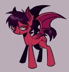 Size: 1647x1725 | Tagged: safe, artist:yumochiix, derpibooru import, oc, unofficial characters only, bat pony, pony, bat ears, bat pony oc, bat wings, closed mouth, ear fluff, eyelashes, full body, image, looking at you, png, ponysona, purple background, purple mane, purple tail, red coat, red eyes, short mane, short tail, simple background, slit pupils, smiling, smiling at you, solo, spread wings, standing, tail, three quarter view, wings