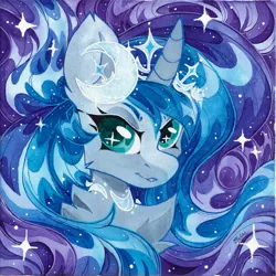 Size: 2560x2560 | Tagged: safe, artist:lilacclime, derpibooru import, princess luna, alicorn, pony, g4, chest fluff, crescent moon, ethereal mane, eyelashes, female, horn, image, jpeg, looking at you, mare, moon, royalty, solo, starry mane, traditional art, watercolor painting, watermark