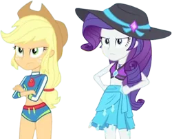 Size: 3117x2520 | Tagged: safe, derpibooru import, edit, edited screencap, editor:mrtoonlover83, screencap, applejack, rarity, human, equestria girls, g4, angry, applejack is not amused, applejack's beach shorts swimsuit, applejack's hat, background removed, belly, belly button, brochure, clothes, cowboy hat, crossed arms, duo, duo female, equestria girls specials, female, freckles, geode of shielding, geode of super strength, hand on hip, hat, image, jewelry, long sleeved shirt, long sleeves, magical geodes, midriff, my little pony equestria girls: forgotten friendship, necklace, png, rarity is not amused, rarity's blue sarong, rarity's purple bikini, sarong, scowl, shirt, short shirt, shorts, simple background, stetson, sun hat, teenager, transparent background, unamused