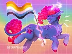 Size: 2048x1536 | Tagged: safe, artist:laamb-sauce, derpibooru import, pony, unicorn, g5, blush lines, blushing, chest fluff, curved horn, emanata, eyes closed, female, flag, glow, glowing horn, horn, image, jpeg, leonine tail, levitation, magic, magic aura, mare, misty brightdawn, open mouth, open smile, pride, pride flag, rebirth misty, signature, smiling, solo, tail, telekinesis