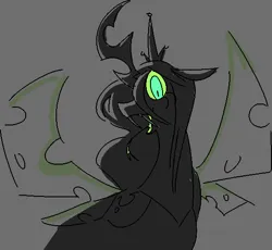 Size: 560x516 | Tagged: safe, artist:britebuck, derpibooru import, queen chrysalis, changeling, changeling queen, g4, :d, colored sclera, crown, fangs, female, forked tongue, glow, glowing eyes, gray background, horn, image, jewelry, long tongue, looking at you, open mouth, open smile, pixel-crisp art, png, regalia, side view, simple background, slit pupils, smiling, smiling at you, solo, spread wings, tongue out, transparent wings, wings